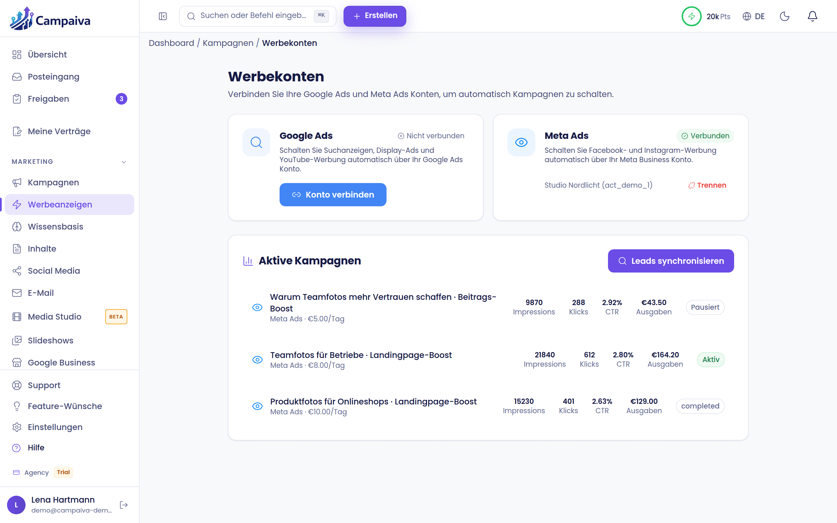 Ads report with spend, clicks, customers, revenue and return