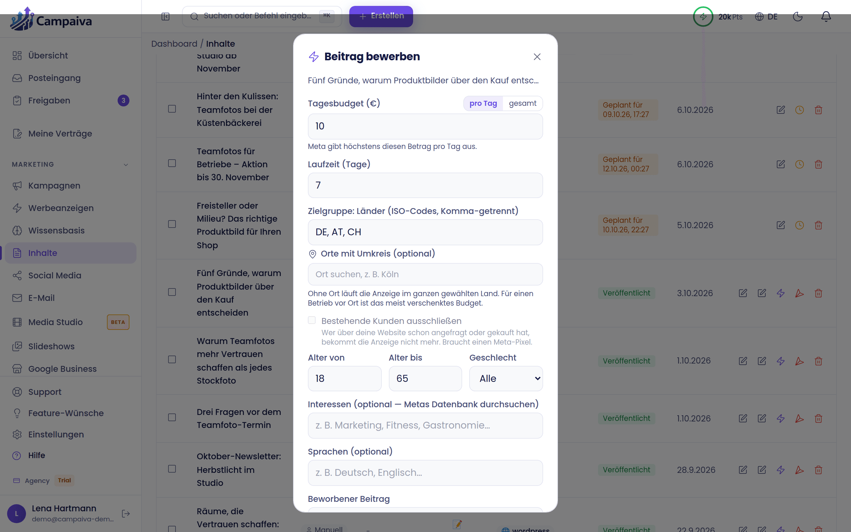“Boost post” dialog with budget, duration and audience