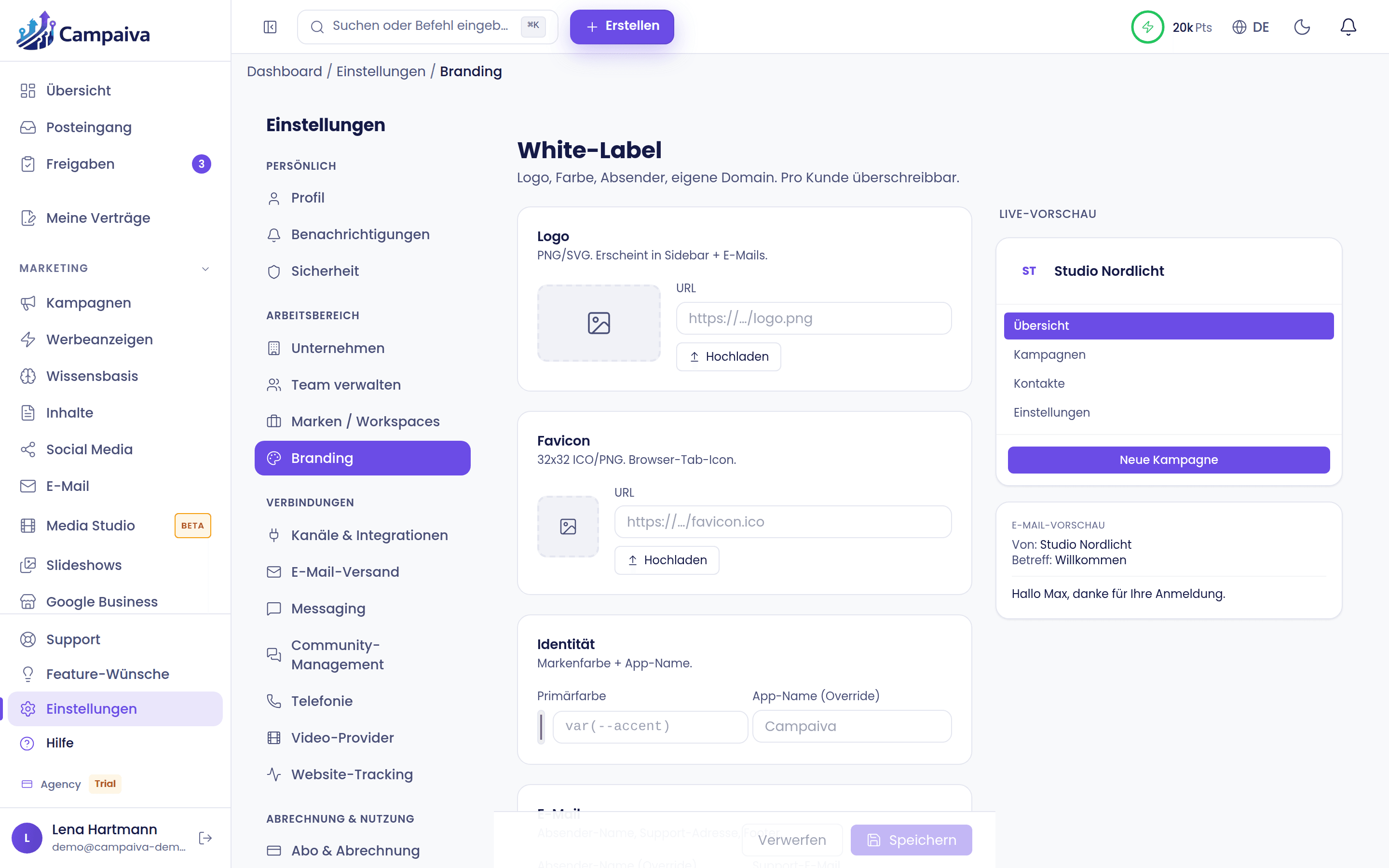 Branding-Einstellungen mit Logo und Farben