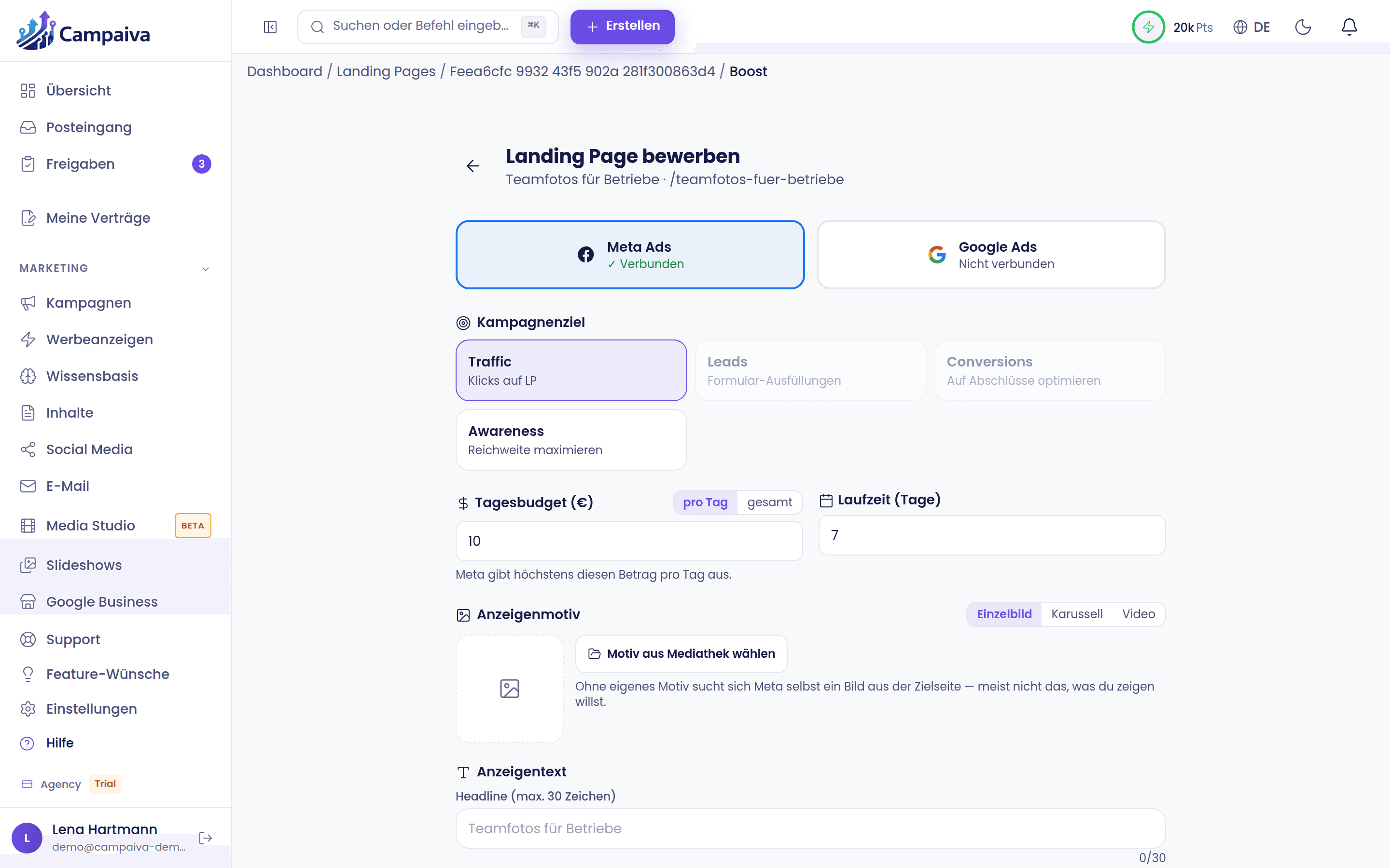 Promote landing page with Leads objective and instant form