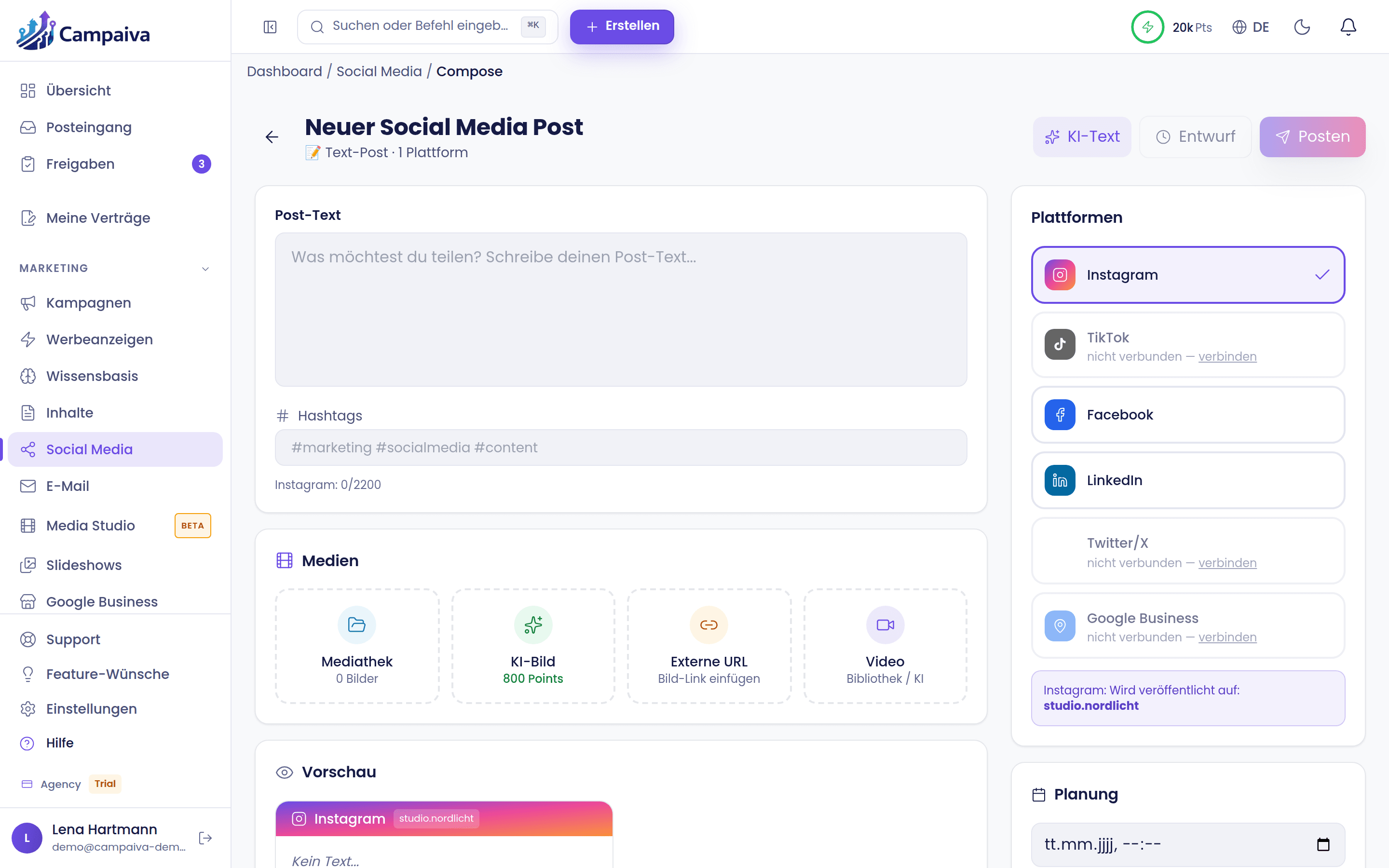 Post editor with AI draft, image and scheduling