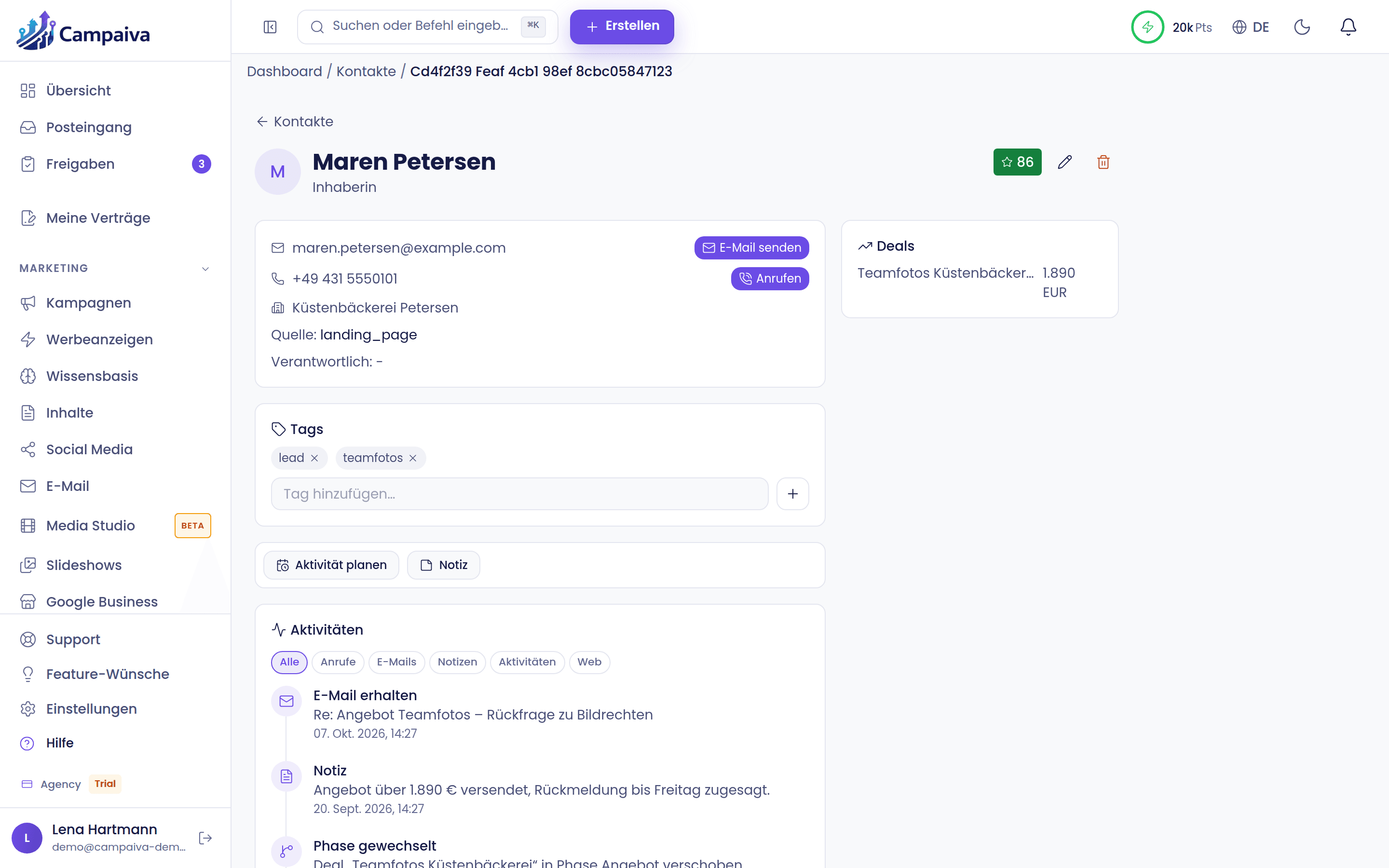 Contact record with history from email, form, appointment and deal